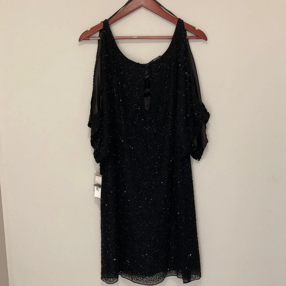 Pisarro Nights Black Sparkle Cold Shoulder Dress , silk fully beaded with liner